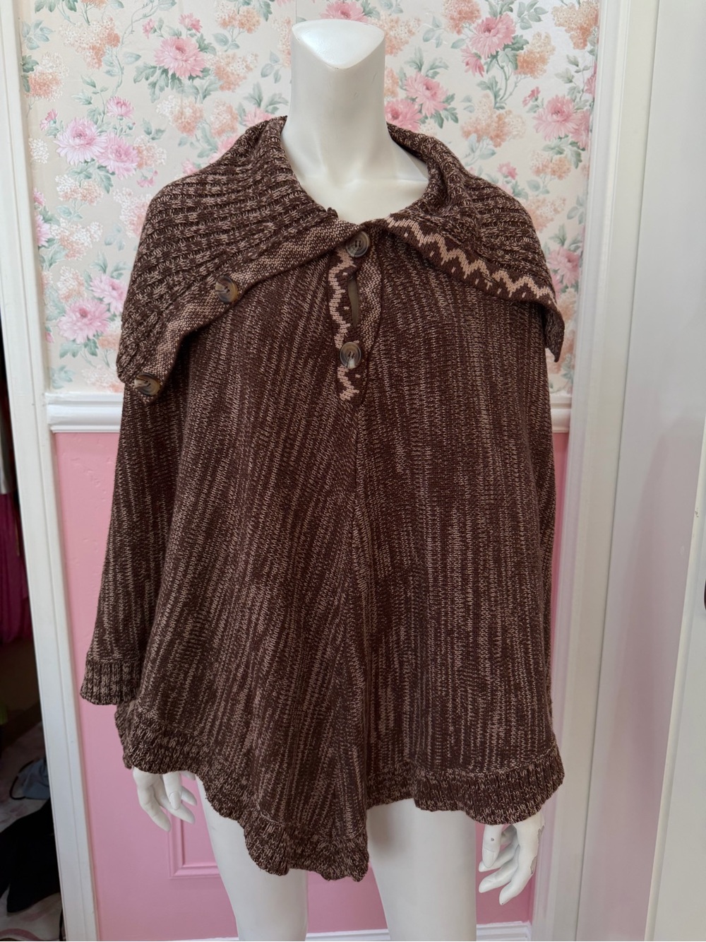 Vintage Brown Button-Up Poncho Sweater